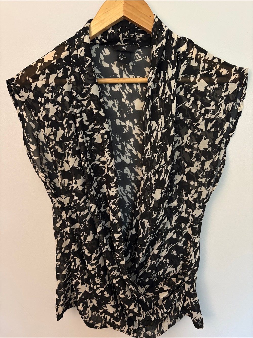 H&M Black and Cream Abstract Wrap-Style Blouse